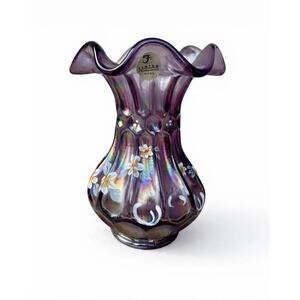 Fenton Iridescent Hand Painted Vase Purple/lavender Dot Ruffle 5” RARE Sold Out